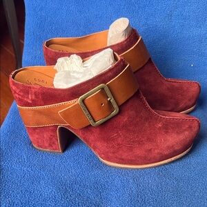 Born Burgundy and Tan Suede Mules with Buckle